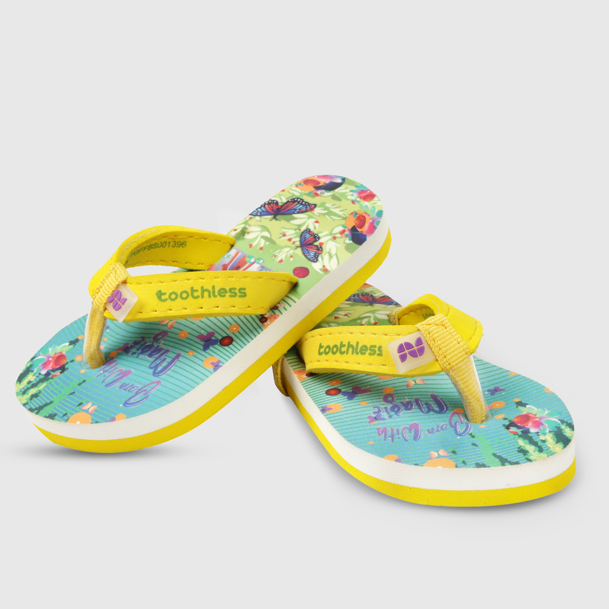 Girls Yellow Butterfly Print Slip On Flip Flops